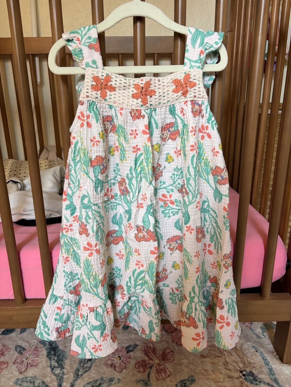 Disney Princess Ariel Flounder Gauze Dress 5T Crochet Floral Ruffle